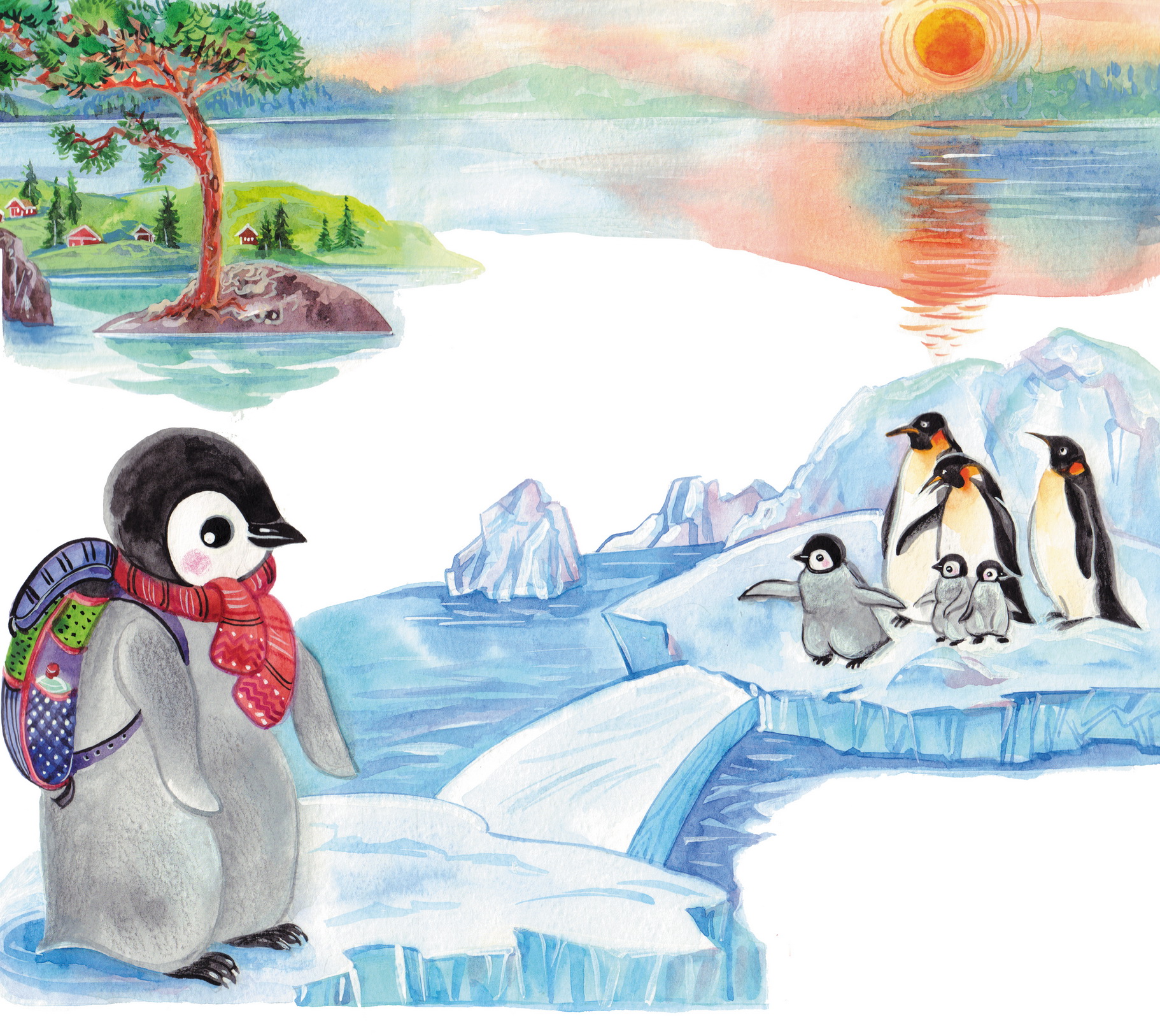 Pikku Anssi-pingviini palasi kotiin maailmanympärysmatkasta. Ystävät pyysivät pingviiniä kertomaan tarkemmin matkasta. 6+. Piirros: Margarita Jufa